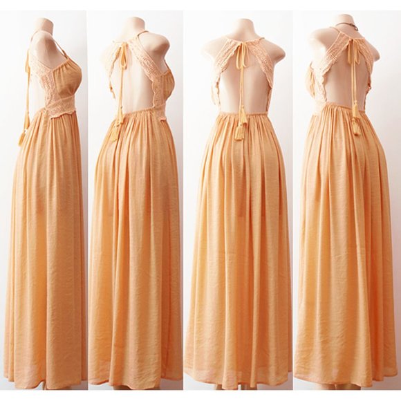 Yellow Crochet Lace Open Back Halter Maxi Dress - Picture 9 of 10